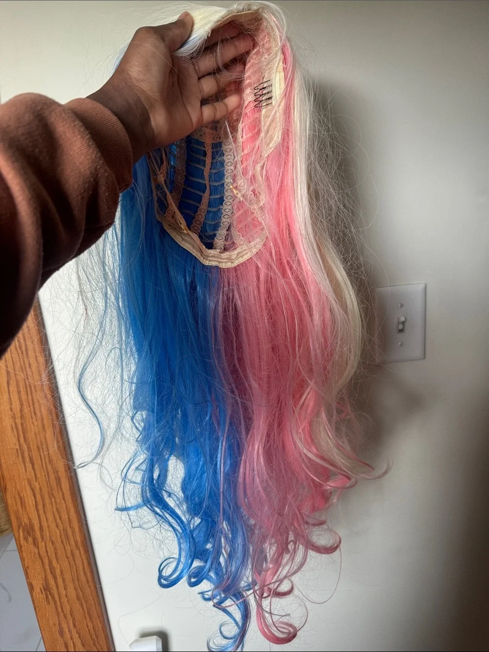 Harley Quinn Blonde Pink Blue Long Curly Cosplay Wavy 30in Synthetic Wig